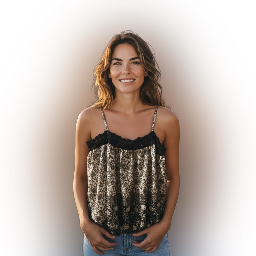 Iz Byer Black and Cream Floral Top
